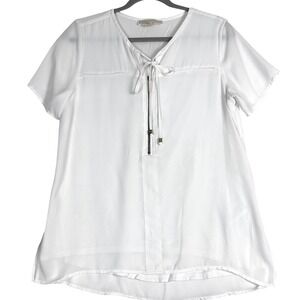 Michael Kors Blouse Women Size 6 White Zip Tie Neck Short Sheer Sleeve Top